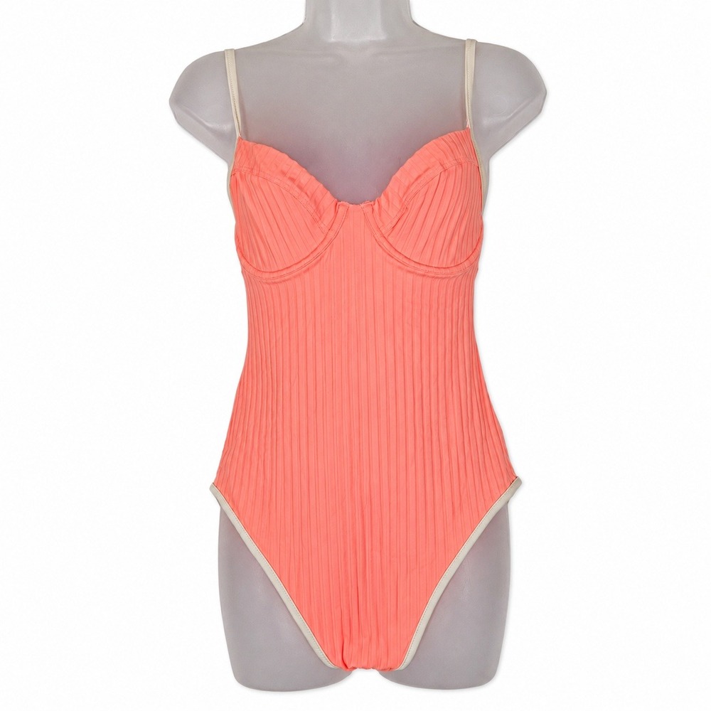 Aerie Swimsuit NWT Women L Coral Ribbed Underwire One Piece Full Coverage UPF 50